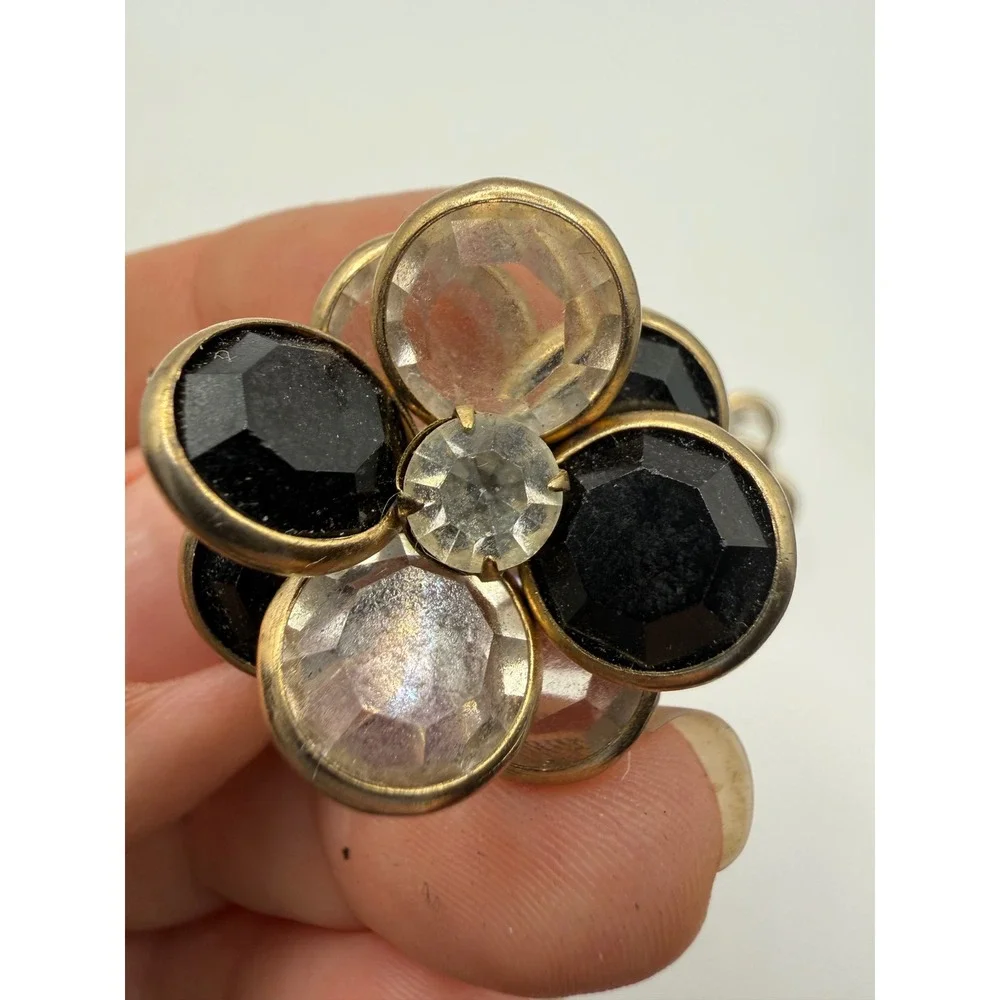 Vintage Gold Tone Black Clear Crystal Flower Clip On Statement Earrings 1 Inch